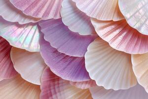 Close-up of colorful seashells arranged in layers, showcasing intricate textures and iridescent patterns, creating a vibrant coastal aesthetic for decorative use photo
