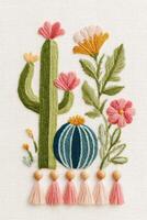 Colorful embroidery featuring cacti, flowers, and decorative tassels on a textured fabric background, showcasing intricate needlework and vibrant design elements for artistic expression photo