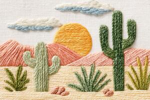 Embroidered landscape featuring cacti, mountains, and a vibrant sun, showcasing intricate stitching details and a serene desert atmosphere with colorful textures and natural elements photo