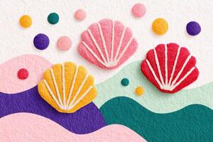 Colorful seashells in pink, yellow, and red on textured background with abstract waves and circles, creating a vibrant and playful coastal design for creative projects photo