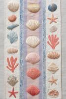 Colorful textile featuring embroidered seashells and starfish in various shapes and sizes, arranged in a vertical pattern, showcasing coastal-inspired design and craftsmanship photo