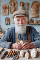 Senior artisan carving wood in his workshop, surrounded by his creations photo