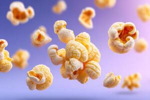 Floating popcorn kernels in mid-air against a vibrant gradient background, showcasing the light and airy texture of the snack, perfect for food-related themes and culinary designs photo