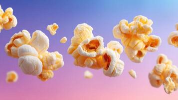 Floating popcorn kernels in mid-air against a vibrant gradient background, showcasing the light and airy texture of the snack, perfect for food-related themes and culinary creativity photo