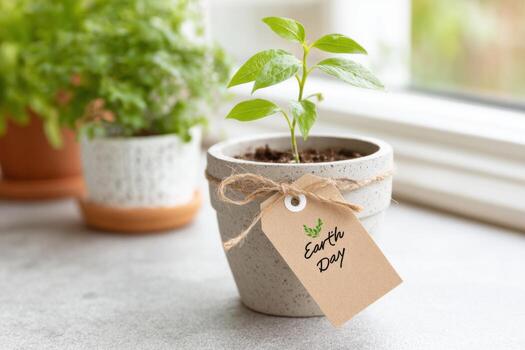 Small green plant in a concrete pot with a tag reading Earth Day, placed on a windowsill, surrounded by soft natural light and other potted plants, symbolizing environmental awareness and growth photo