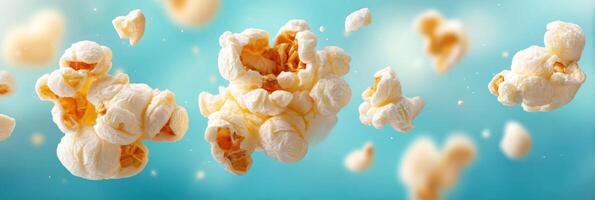 Floating popcorn kernels in mid-air against a soft blue background, showcasing their fluffy texture and lightness, creating a playful and appetizing visual experience photo