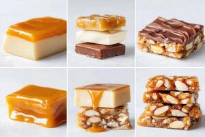 Assorted confectionery treats including caramel squares, nougat bars, and chocolate-covered snacks arranged aesthetically on a light surface, showcasing a variety of textures and flavors photo