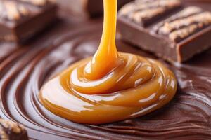 Golden caramel sauce is being drizzled over a smooth layer of rich chocolate, with pieces of chocolate bars placed artistically around, creating an indulgent dessert scene photo