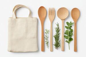 Wooden kitchen utensils including spoons and forks arranged beside fresh herbs and a reusable fabric bag, showcasing eco-friendly cooking essentials and sustainable lifestyle choices photo