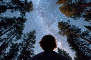 Person gazing at a starry night sky filled with twinkling stars, surrounded by tall trees, creating a serene atmosphere of wonder and exploration in nature photo