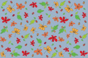 Repeating abstract drawing flower and leaf on grey background. vector