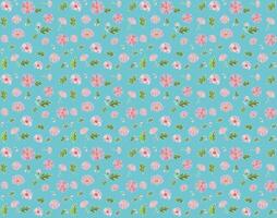 Repeating abstract drawing pink flower and leaf on blue background. vector