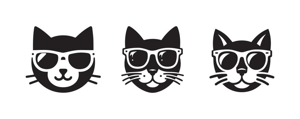 Cat wearing sunglass black silhouette lineart logo icon, cute kitten animal isolated white background