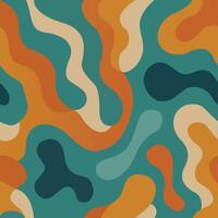 Colorful Abstract Organic Shape Seamless Pattern with Wavy Lines in Retro Teal Orange and Cream Tones vector