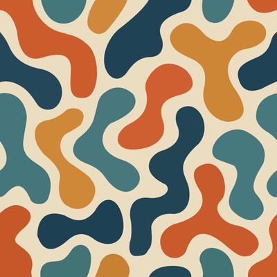 Seamless Retro Abstract Organic Blob Pattern in Bold Teal Orange Mustard and Cream for Surface Design