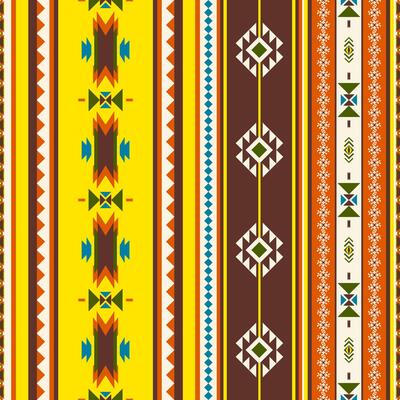 Bold tribal striped pattern with yellow, brown, orange, blue and green geometric motifs. Ethnic design featuring diamond shapes perfect for textiles, home decor and bohemian projects.