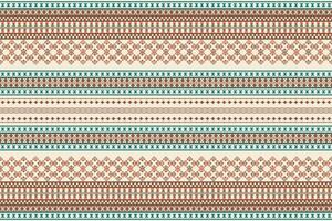 Seamless horizontal tribal pattern with geometric borders in teal, terracotta, brown, and cream. Features native motifs including diamonds, crosses, and zigzags. Ideal for textiles, decor, and ethnic. vector