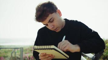 Man Writing Ideas On A Notebook With A Pen On A Park Bench video