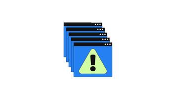 Error messages web multiple popups appearing 2D cartoon object animation. Overlapping browser windows with alert triangle and exclamation mark animated flat colorful item 4K isolated on white video