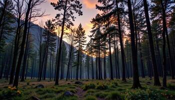 Majestic Sunset View in a Tranquil Pine Forest with a Serene Path photo