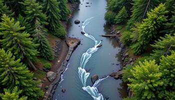 Serene River Flowing Through Lush Evergreen Forest Aerial View photo