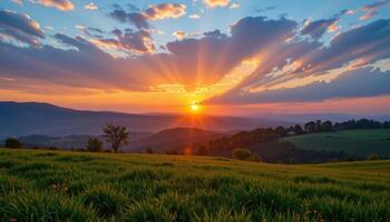 Stunning Sunset Over Rolling Hills and Lush Green Fields A picturesque landscape photograph photo