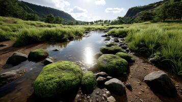 Serene Stream Flows Through Lush Green Valley Mossy Rocks and Tall Grasses Under Sunny Sky photo