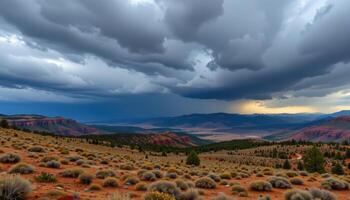 Dramatic Storm Clouds over a Vast Red Rock Desert Landscape Breathtaking panoramic view of mountains and hills photo