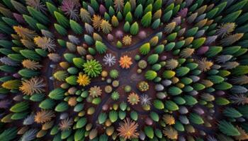 Aerial View of a Colorful Christmas Tree Farm Rows of Evergreen Trees in Autumn Hues photo