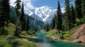 Serene Mountain Lake Landscape Crystal Clear Water Flows Through a Lush Green Valley with Majestic Snow Capped Peaks photo