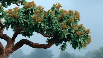 Lush Green Tree Branch with Golden Blossoms in Misty Atmosphere Tranquil Nature Scene photo