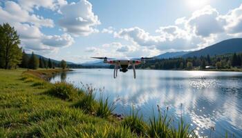 Drone Flying Over Serene Mountain Lake Landscape on Sunny Day photo
