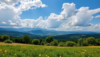 Serene Summer Landscape Rolling Hills Meadow Wildflowers under Blue Sky with Fluffy Clouds photo
