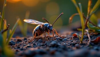 Stunning Close Up of a Blue Black Wasp at Golden Hour in Nature photo