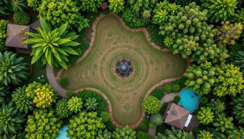 Aerial View of Serene Garden Oasis Lush Greenery Winding Pathways and Tranquil Fountain photo