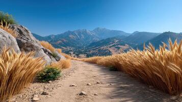 Serene Mountain Path Golden Wheat Field Trail leading to Majestic Peaks under a Sunny Sky photo