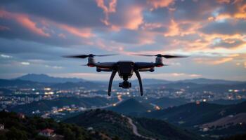 Drone Flight over Cityscape at Sunset Aerial photo