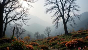 Serene Mountain Landscape with Bare Trees and Orange Flowers Blooming in Misty Morning Sunlight photo