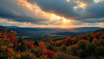 Breathtaking Autumn Sunset over Rolling Hills and Colorful Foliage A Scenic View of Nature's Beauty in the Fall Season photo