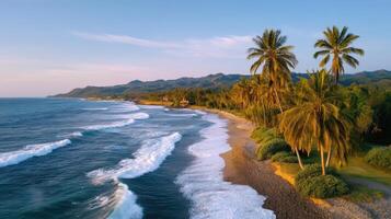 Serene Coastal Scene Palm Trees Line a Pristine Beach with Gentle Ocean Waves at Sunrise photo