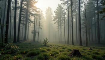 Serene Misty Forest Scene Sunlight Filtering Through Tall Trees and Lush Grass photo