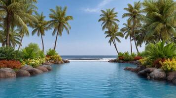 Serene Tropical Pool Paradise Ocean View Infinity Pool Surrounded by Lush Palm Trees and Vibrant Flowers photo