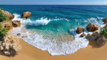 Stunning Ocean Waves Crashing on a Sandy Beach with Rocks A Breathtaking Summer Seascape photo
