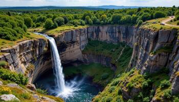 Majestic Waterfall Cascading Down Rocky Cliffs in a Lush Green Landscape A Breathtaking View of Nature's Beauty photo
