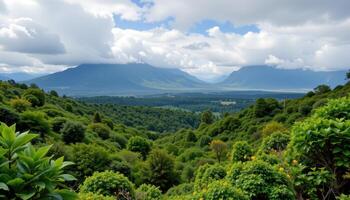 Majestic Mountain Vista Lush Green Hills and Valley Landscape under a Cloudy Sky photo
