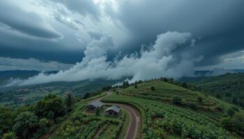 Dramatic Storm Clouds Over Lush Green Hillside Farm with Houses photo