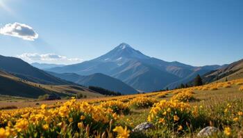 Majestic Mountain Vista Yellow Wildflowers Bloom in a Scenic Valley Landscape with a Car photo