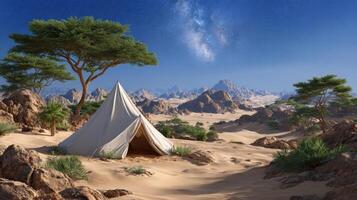 Desert Landscape with a Canvas Tent Underneath a Starry Night Sky A tranquil scene of adventure and exploration photo