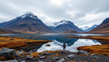 Solo hiker admiring serene mountain lake reflecting majestic snow capped peaks during autumn photo