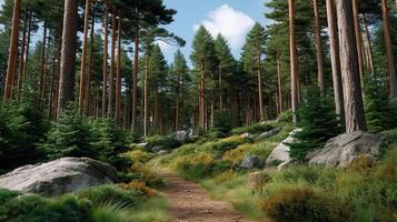 Serene Path Through a Lush Pine Forest on a Sunny Day Tall Trees and Rocky Terrain Create a Picturesque Nature Scene photo